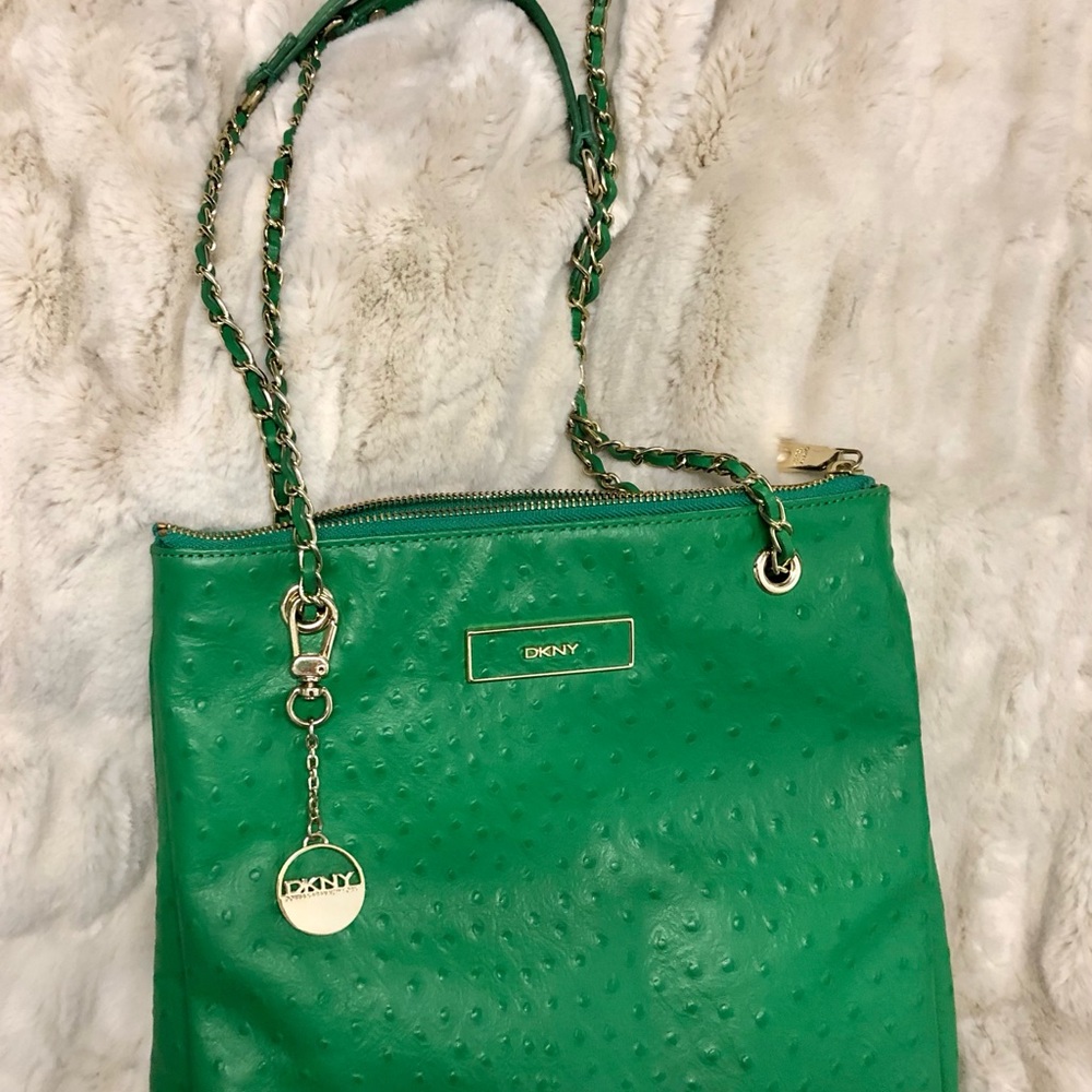 Like New DKNY Designer Ostrich Leather Gold chain, Hunter Green Handbag